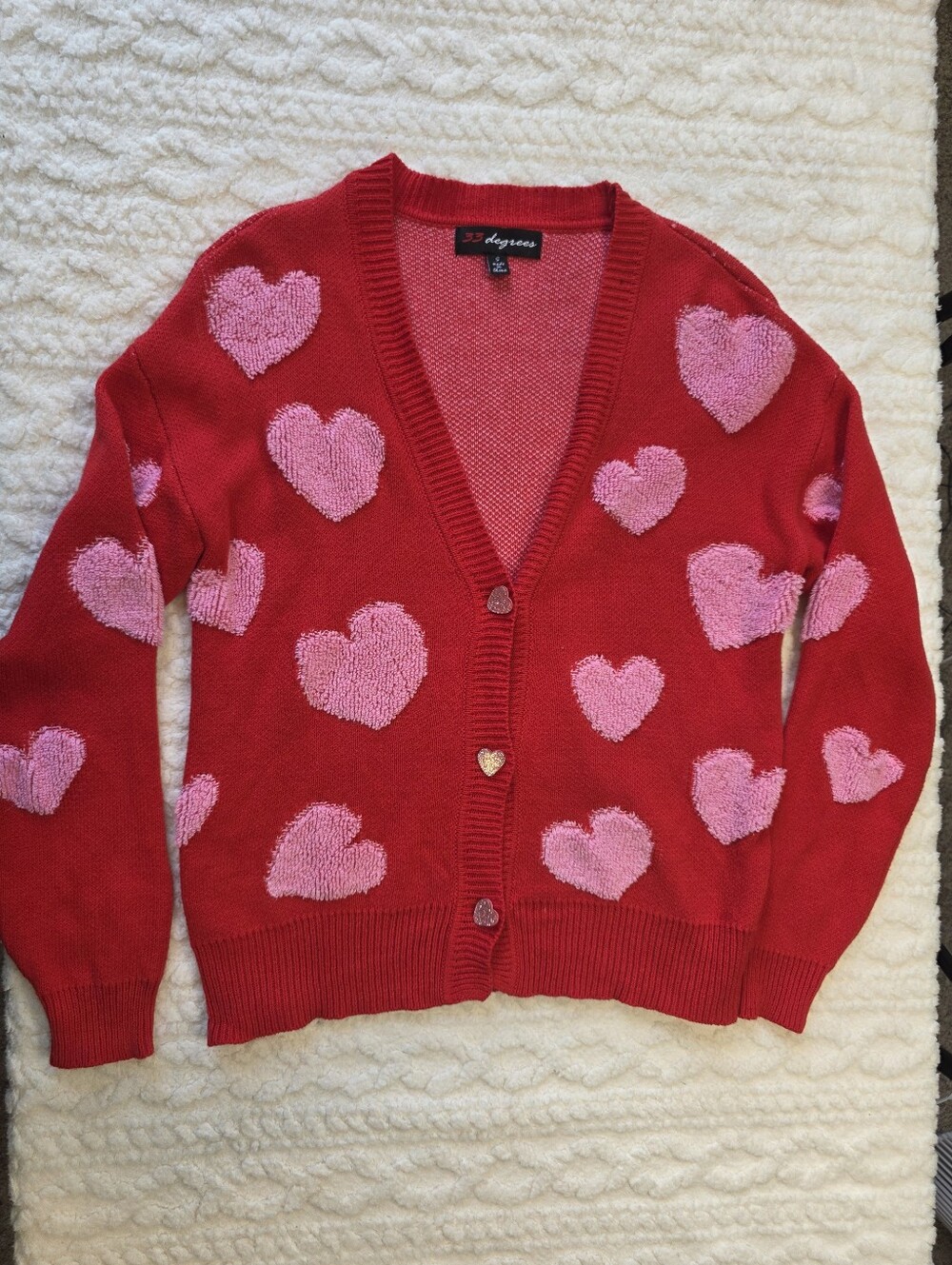 33 Degrees Pink Heart Cardigan Sweater Size Small